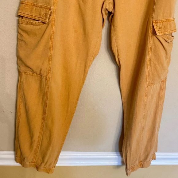 by Anthropologie Linen Utility Cargo Pants Size 14 Pockets Mustard Yellow - Picture 5 of 13